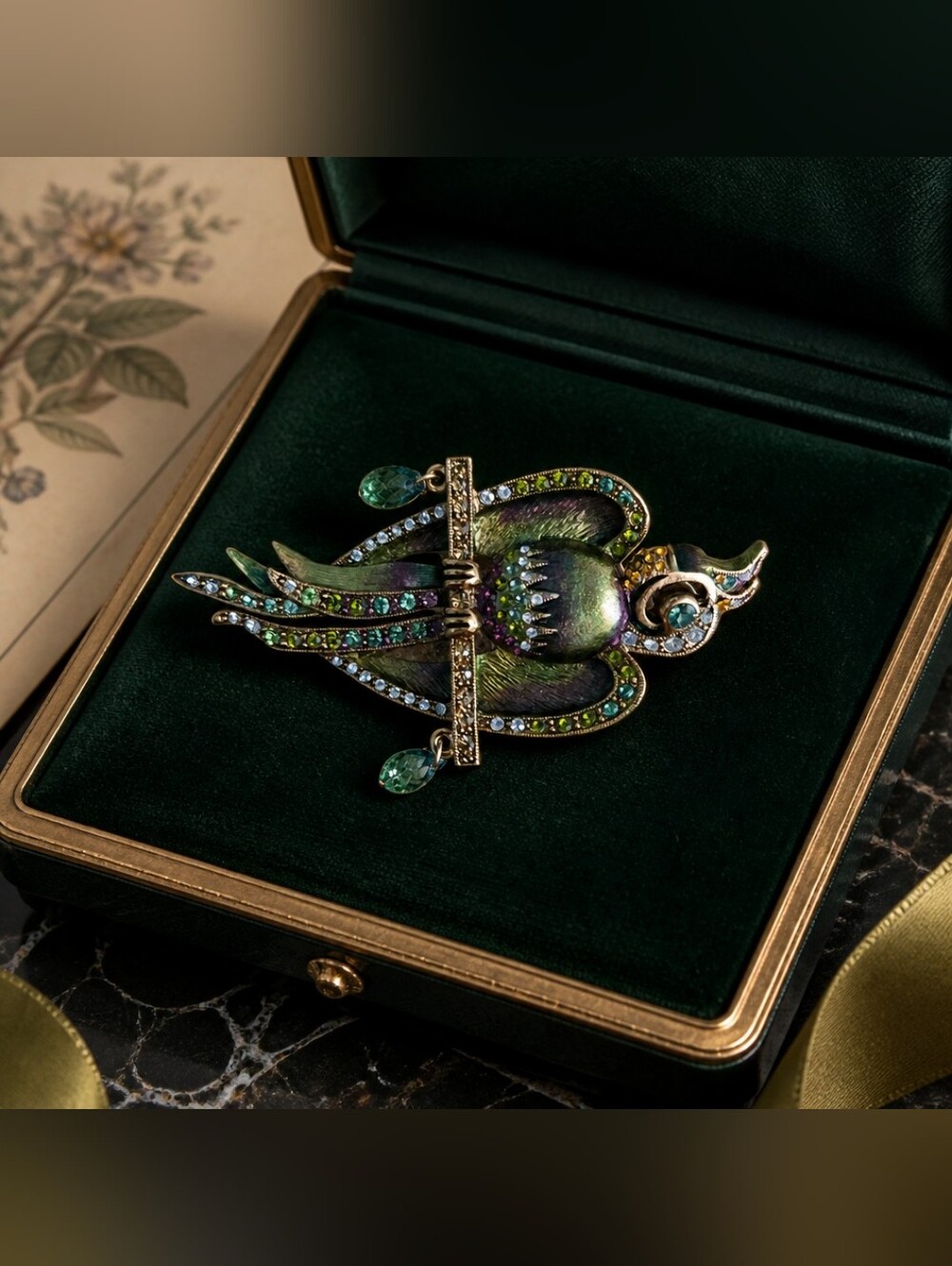 Sweet Romance Jewelry Art Deco Macaw Parrot pin brooch with Swarovski crystals